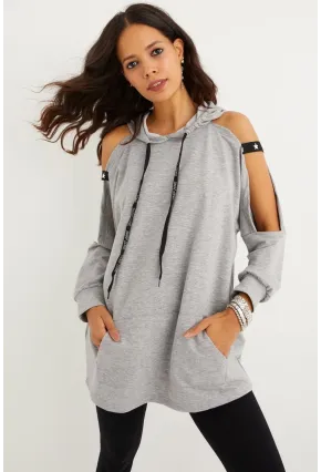 Kadın Gri Kolları Açık Kapüşonlu Sweatshirt Yİ2356