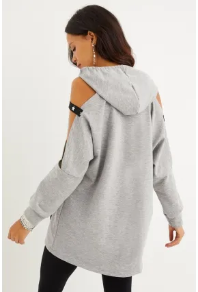 Kadın Gri Kolları Açık Kapüşonlu Sweatshirt Yİ2356