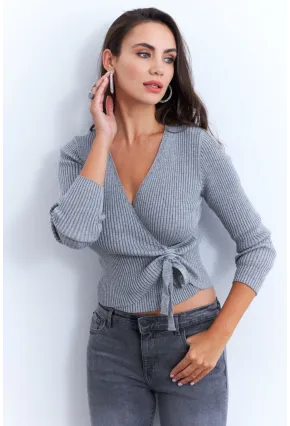 Kadın Gri Kruvaze Büzgülü Simli Bluz KED173
