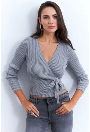 Kadın Gri Kruvaze Büzgülü Simli Bluz KED173