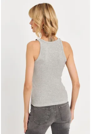 Kadın Gri Melanj Düğme Detaylı Kolsuz Kaşkorse Bluz TF55