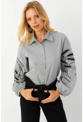 Kadın Gri Nakışlı Balon Kol Gömlek MQS5603
