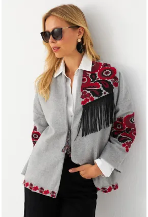 Kadın Gri Nakışlı Kaşe Ceket MQS5563