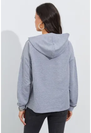 Kadın Gri Önü Pencereli Kapüşonlu Sweatshirt Yİ2486