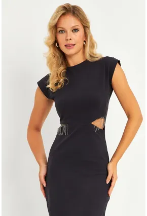 Kadın Gri Pencereli Aksesuarlı Midi Elbise YLE22