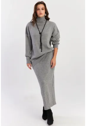 Kadın Gri Plili Alt Üst Triko Takım SF2554
