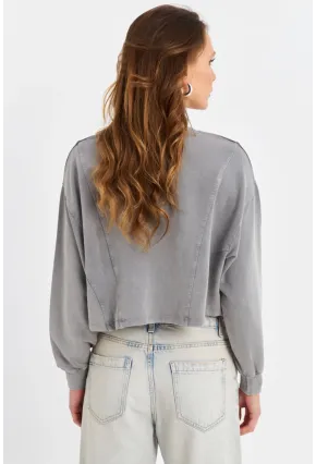 Kadın Gri Salaş Crop Sweatshirt ZH08