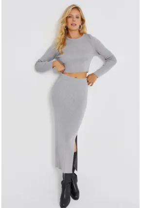 Kadın Gri Simli Triko Etek Takım KZ2497