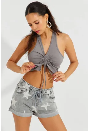 Kadın Gri Sırtı Açık Crop Bluz B2697