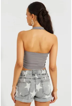 Kadın Gri Sırtı Açık Crop Bluz B2697