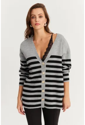 Kadın Gri-Sıyah Çizgili Triko Hırka CNG3