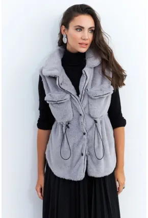 Kadın Gri Suni Kürk Cepli Yelek MK66