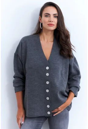 Kadın Gri Taşlı Düğmeli Hırka MİW4572