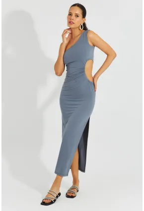 Kadın Gri Tek Omuz Yırtmaçlı Maxi Elbise B2629