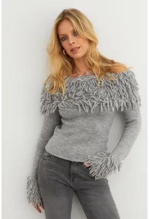 Kadın Gri Yakası Sakallı Madonna Bluz KZ542