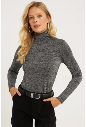 Kadın Gümüş Rengi Simli Balıkçı Bluz RX435