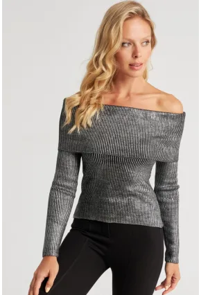 Kadın Gümüş Rengi Varaklı Madonna Triko Bluz SF2523