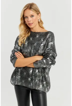 Kadın Gümüş Rengi Varaklı Triko Kazak SF2533