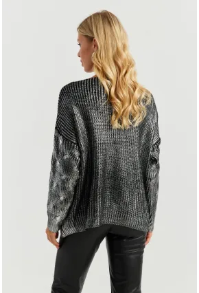 Kadın Gümüş Rengi Varaklı Triko Kazak SF2533