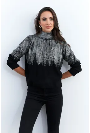 Kadın Gümüş-Siyah Balıkçı Yaka Varaklı Kazak RM07