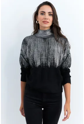 Kadın Gümüş-Siyah Balıkçı Yaka Varaklı Kazak RM07