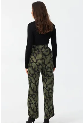 Kadın Haki Batik Desenli Saten Pantolon CAR1069