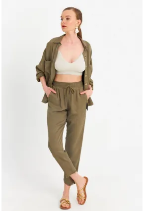Kadın Haki Beli Lastikli Tensel Pantolon SUN201