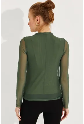 Kadın Haki Büzgülü Drapeli Tül Bluz LPP1244