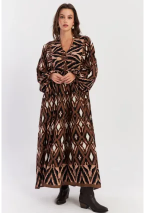 Kadın Haki Desenli Dokuma Maxi Elbise ALO235