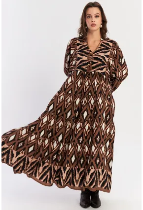 Kadın Haki Desenli Dokuma Maxi Elbise ALO235