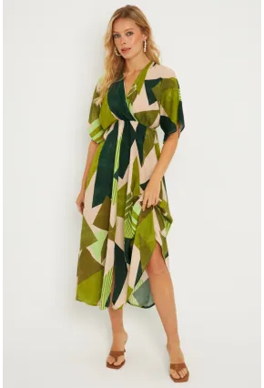 Kadın Haki Desenli Kruvaze Midi Elbise HT108
