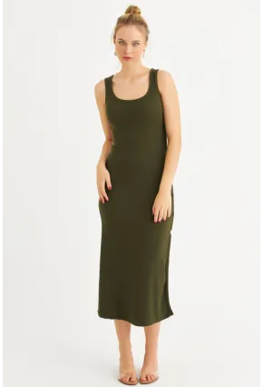 Kadın Haki Düğme Detaylı Kaşkorse Midi Elbise EY2837