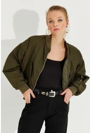 Kadın Haki Fermuarlı Bomber Mont QRS8367