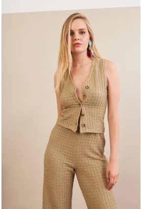 Kadın Haki Gofre Yelek Pantalon Takım FLU330