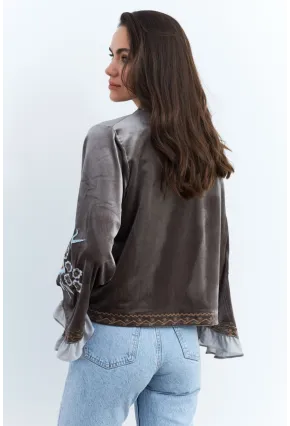 Kadın Haki İspanyol Kol Nakışlı Kadife Ceket QS5577