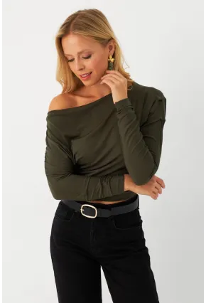 Kadın Haki Kayık Yaka Bluz DMR382-1