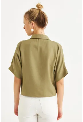 Kadın Haki Kısa Kollu Crop Gömlek CNG117