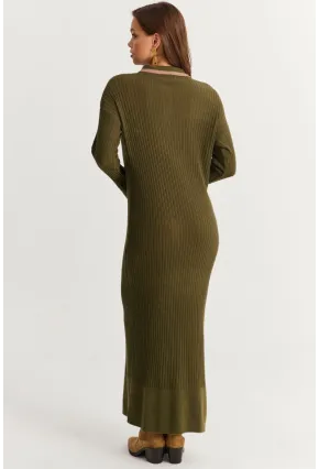 Kadın Haki Polo Yaka Triko Maxi Elbise MNUV17