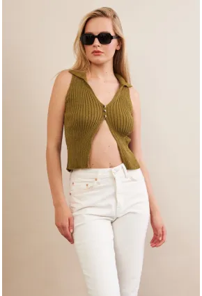 Kadın Haki Polo Yaka Yumoş Yelek ZH050