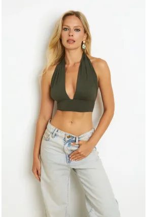 Kadın Haki Sırt Ve Boyun Bağlamalı Bluz EY1472