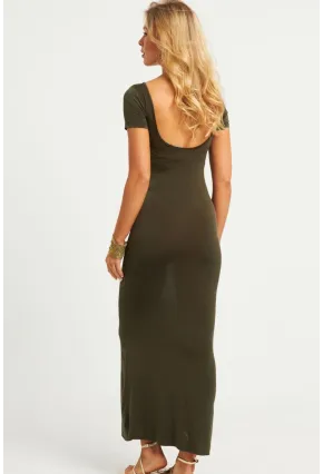 Kadın Haki Sırtı Açık Maxi Elbise DMR306