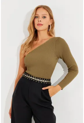 Kadın Haki Tek Omuz Triko Bluz YV204