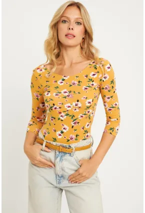 Kadın Hardal Çiçek Desenli Çıtçıtlı Body RK40