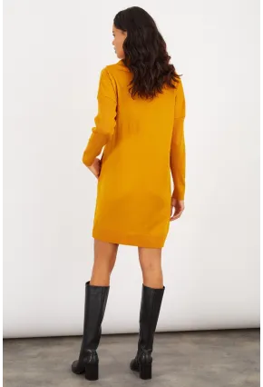 Kadın Hardal Degaje Yaka Triko Mini Elbise YV73