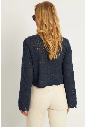 Kadın İndigo Ajurlu Triko Hırka YV248