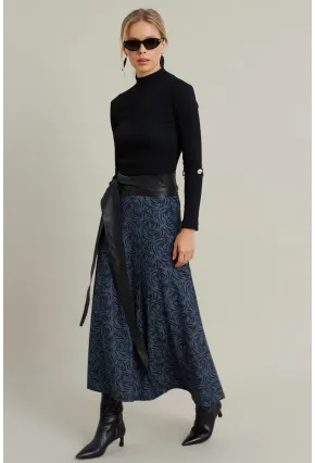 Kadın İndigo Desenli Çan Etek LON3007