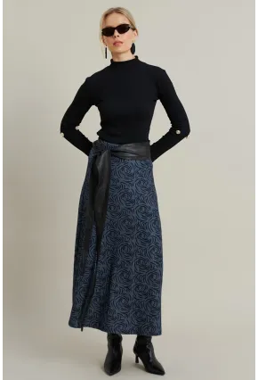 Kadın İndigo Desenli Çan Etek LON3007