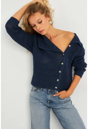 Kadın İndigo Geniş Yakalı Triko Hırka MİW4571