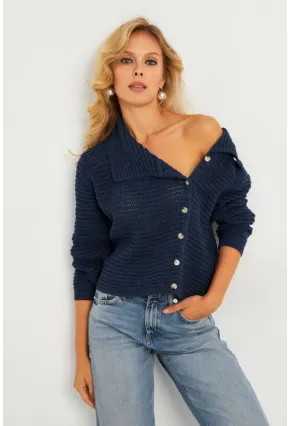 Kadın İndigo Geniş Yakalı Triko Hırka MİW4571