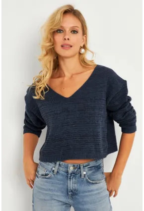 Kadın İndigo Salaş Kısa Triko Bluz YV281